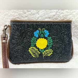 Consuela Tooled Black Floral Embroidered Wristlet